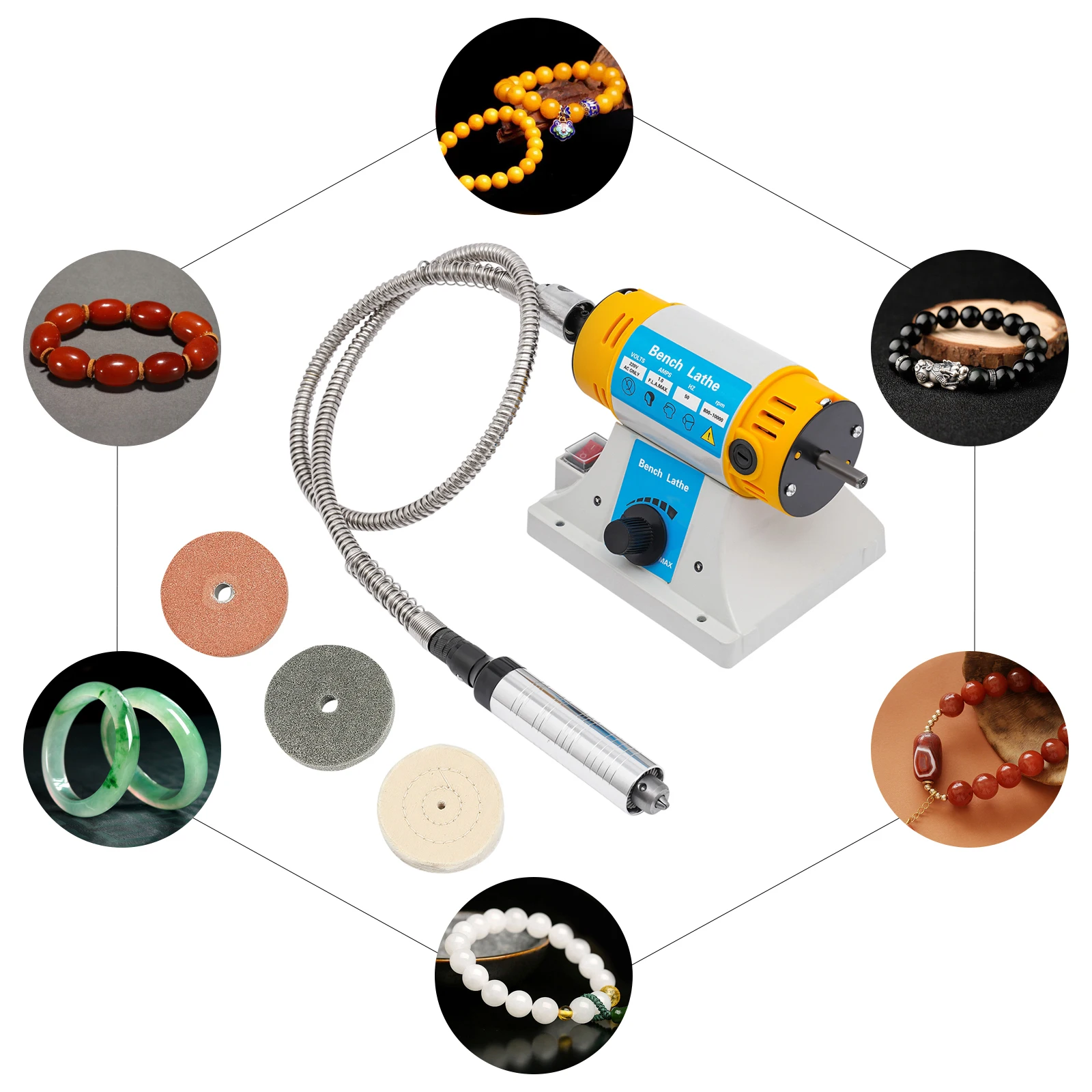 Wielofunkcyjna szlifierka stołowa 220 V z akcesoriami, do biżuterii, drewna, metalu, jadeitu