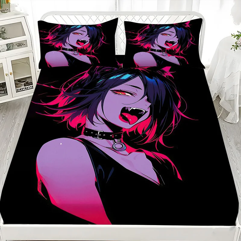 2D digital print three-piece bedding set (includes 1 fitted sheet + 2 pillowcases) mattress protector, fitted sheet style with elastic edges, protective cover, mattress protector, fitted sheet bedding, cool dark style cat-ear girl anime fitted sheet view 5