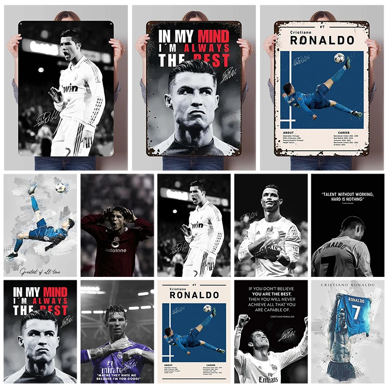 Pósteres de Metal Cristiano Ronaldo, carteles de jugador de fútbol, decoración de pared, placa de letrero de Metal personalizada para decoración artística de pared del hogar, cueva de hombre
