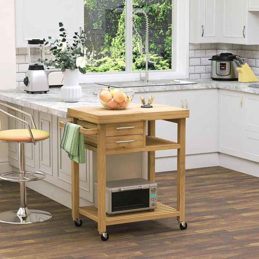Bamboo Kitchen Island on Wheels with 2 Storage Ders, Bamboo Tone | Open Shelves, Utility Trolley Cart, Butcher Block Island