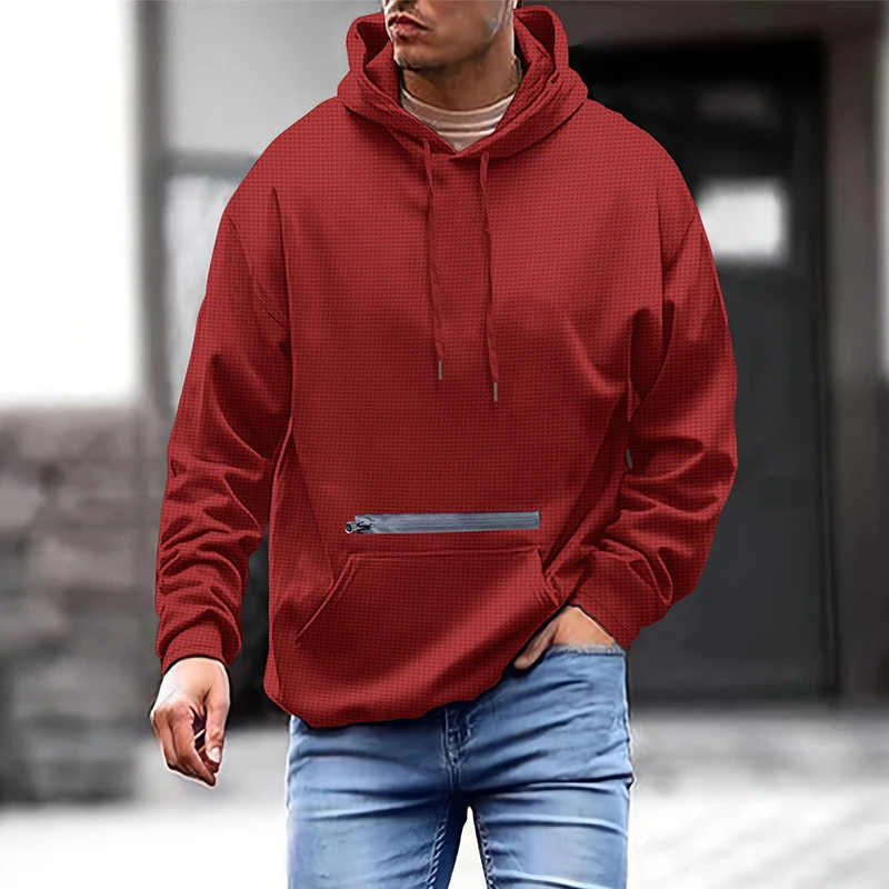 Men's spring and autumn burst American retro casual loose fashion simple solid color multi-pocket pullover hoodie