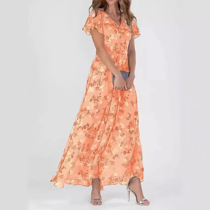 V Neck Short Sleeve Printed Waist Dress Dresses Spring Summer Slim Fit Casual