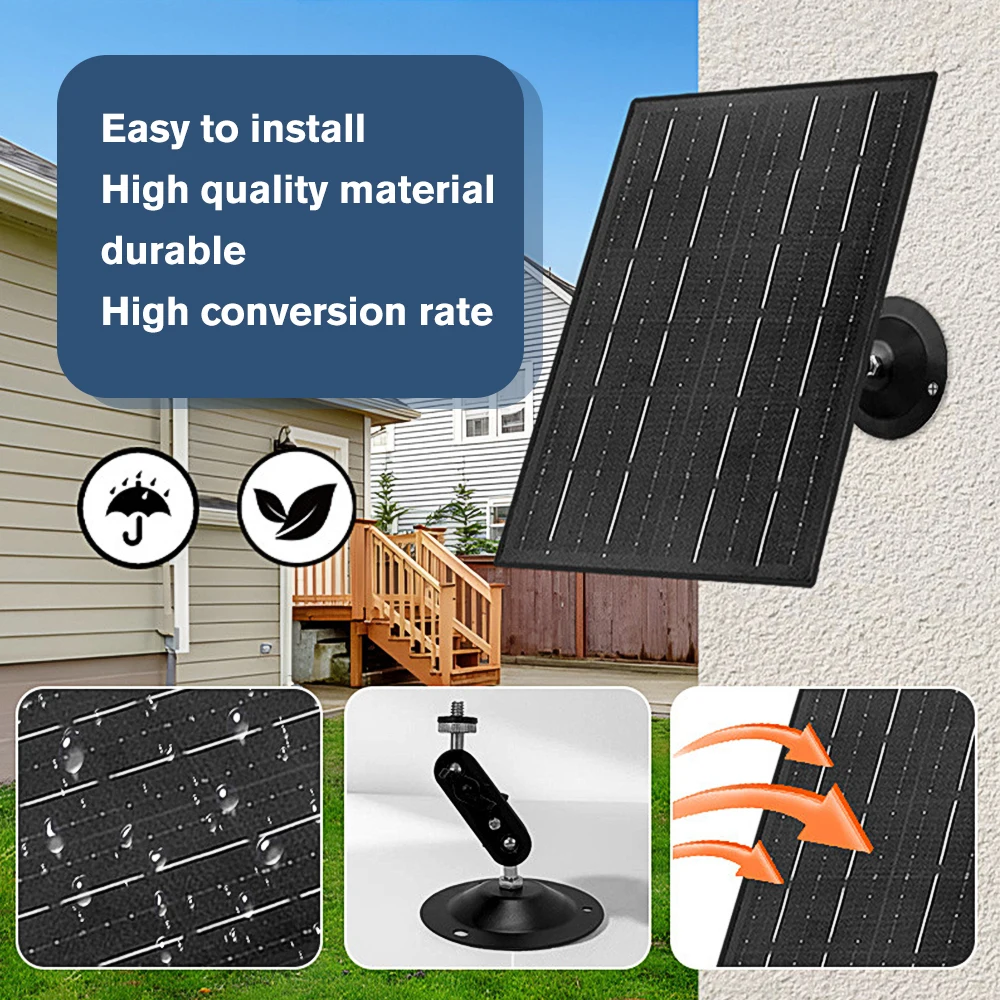 10W Monocrystalline Solar Charging Panel 90 Degree Adjustable Wall Mount Bracket IP65 Waterproof 3M Extension Type C Cord Compatible With Outdoor Wireless Security Camera RV Boat Off Grid Solar Power Charger