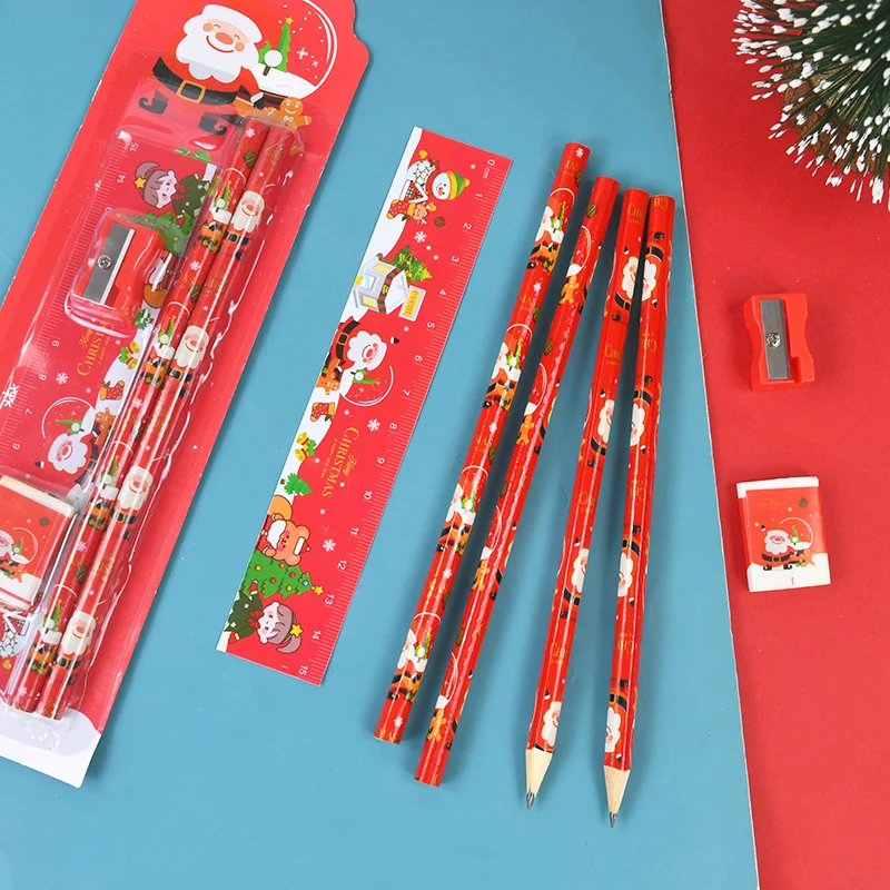 1SET Christmas Stationery Kids Cartoon Claus Pencils Eraser Ruler Pencil Knife Set School Supply Back To School Prize Xmas Gifts