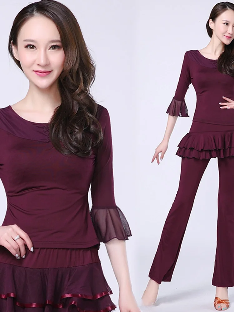 adult-women's-latin-dance-performance-pants-skirt-set-square-dancing-outfit-milk-silk-fabric-practice-clothes-five-sleeve-length