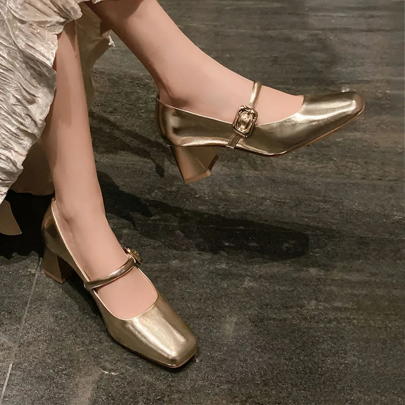 

Square Toe and Shallow Golden Mary Jane Belt Buckle Block Medium Heel Pumps Leather Women Shoes Chaussure Femme