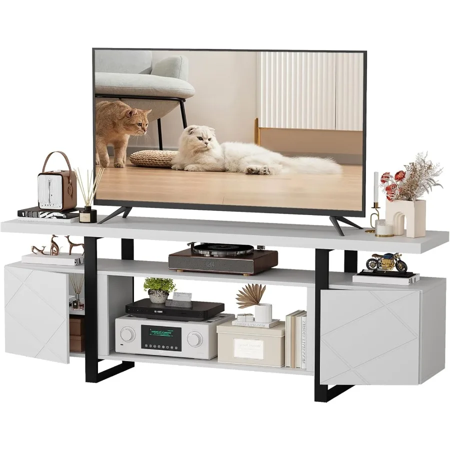 

Подставка под телевизор подходит для телевизоров до 80. Развлекательный центр со шкафами для хранения вещей для гостиной. Белая медиаконсоль.