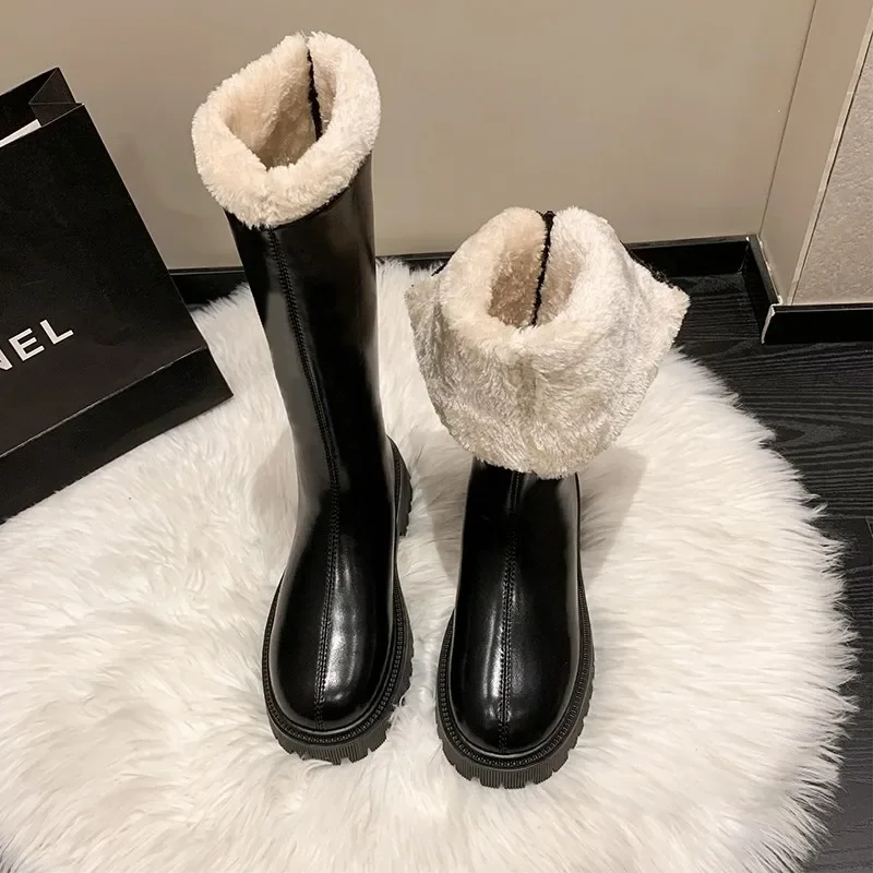 Lady Fur Boots Women's Winter Shoes Chelsea Boots Black Leather Boots Plush Warm Platform Chunky Footwear Fashion Designer Botas