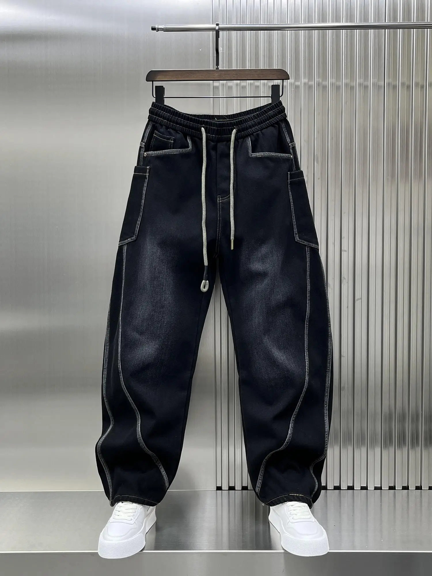 

Trendy American Style Men's Patchwork Wide Leg Straight Cut Pants Spring Autumn Fleece Lined Workwear Trousers Fashionable Jeans