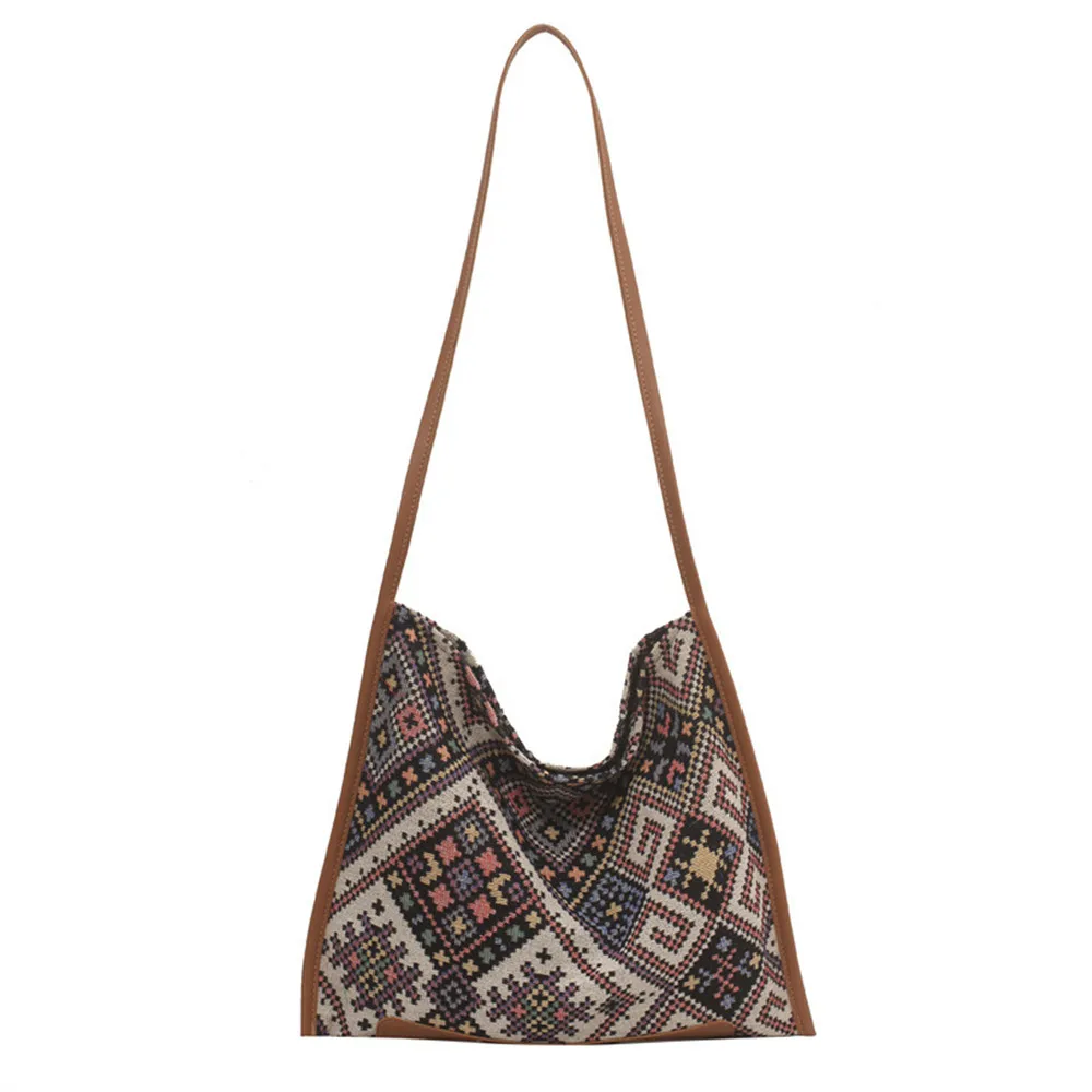 Bolso de tela para mujer, bolsa de lona de estilo étnico Retro Para la playa, tejido portátil, suave, informal, estampado bohemio, hecho a mano para