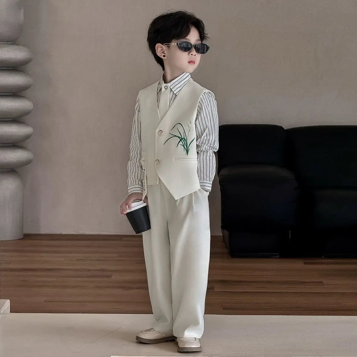 3 PCS set Autumn Spring Boy Retro Stripes TShirt+Pants+Vest+Tie Kid Children baby Gentleman Handsome Streetwear Party Clothes