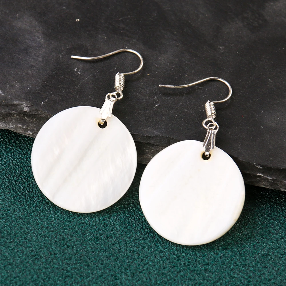 Natural White Shell Flower Mother of Pearl Earring Dangle MOP Cameo Ear Hook Round Party Dress Jewelry Accessory Finding Gift