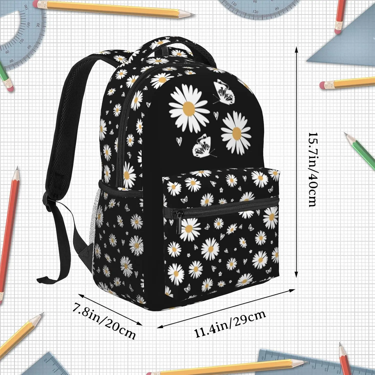 حقيبة ظهر مدرسية مطبوعة على شكل زهرة الأقحوان حقيبة كتب على شكل زهرة الأقحوان حقيبة كتب سوداء للفتيات حقيبة ظهر مطبوعة بالزهور للفتيات الابتدائية