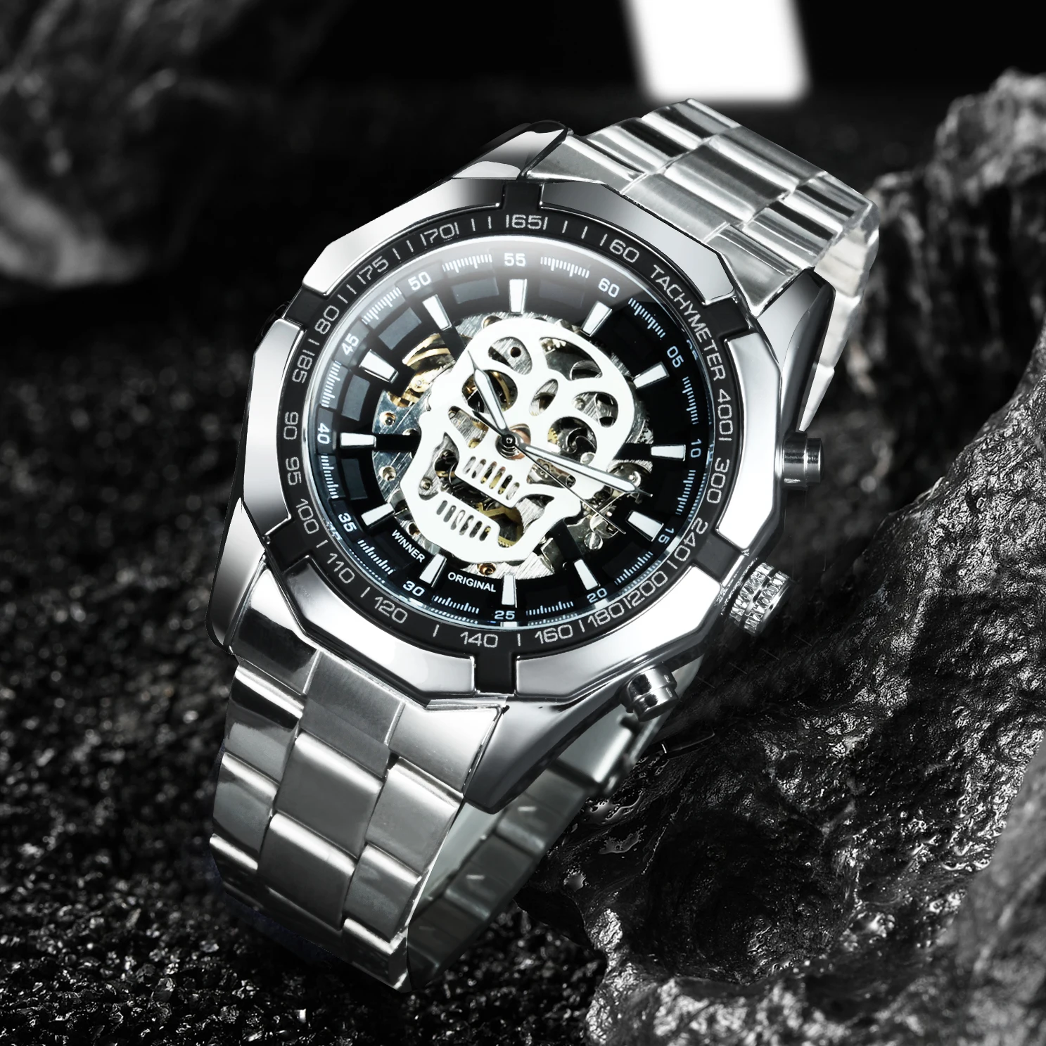 WINNER Sports Skeleton Mens Watch Fashion Skull Luminous Dial Silver Stainless Steel Strap Military Automatic Mechanical Watches