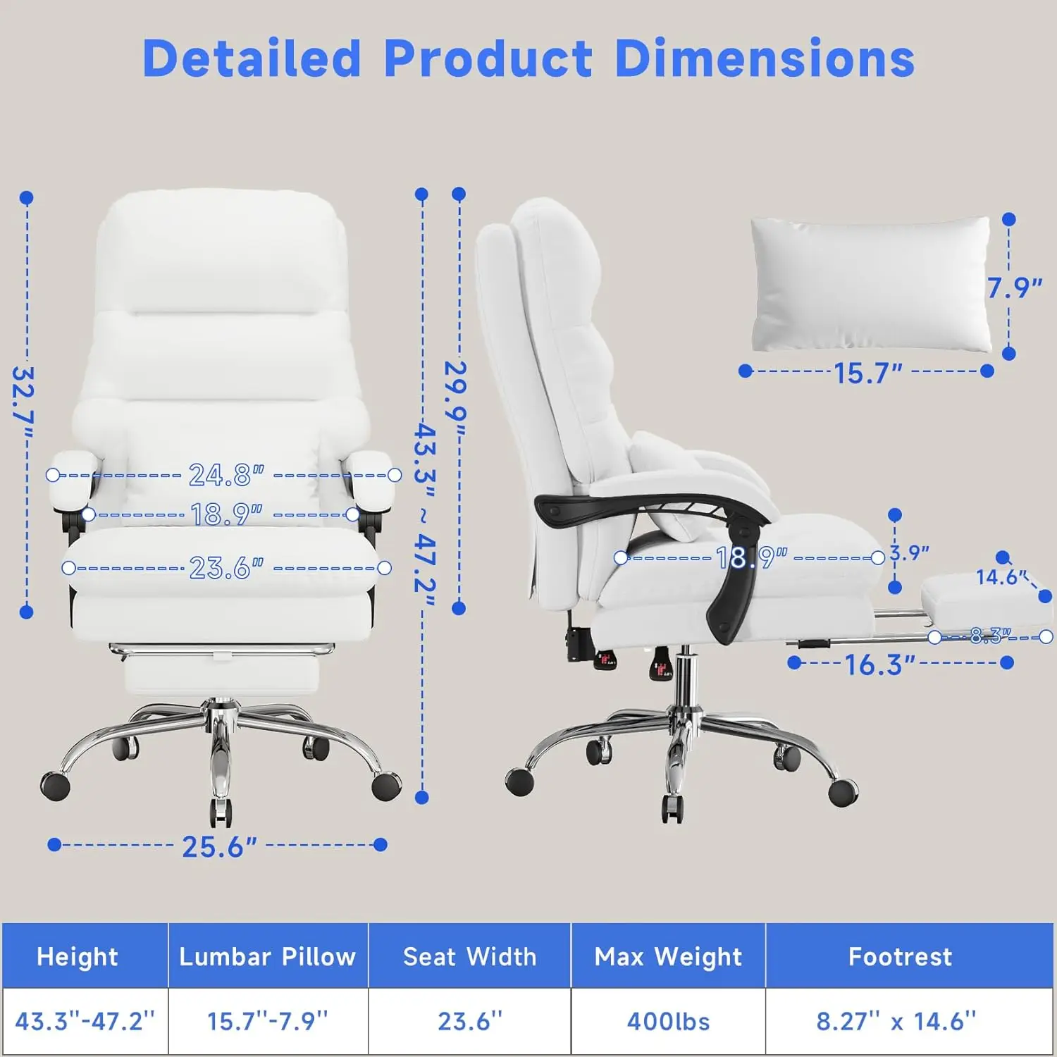 Ergonomic office chair, 400LBS PU leather computer chair, executive chair with footrest and lumbar pillow