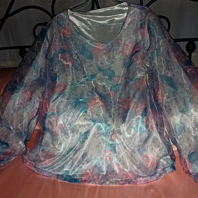 Men Women Floral Glossy Double-Layer Double-Sided Silky Ice Silk Organza Top Pants Two-Piece Set Comfortable Sajamas