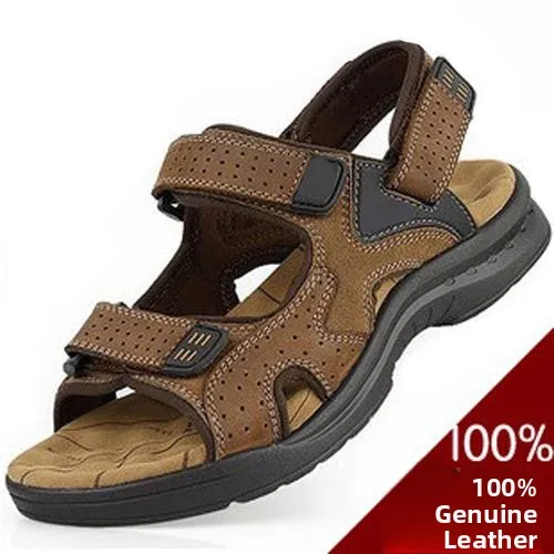 صنادل رجالية من الجلد الطبيعي، أحذية شاطئ جديدة للصيف، أحذية خارجية مضادة للانزلاق، شباشب مريحة وقابلة للتنفس، أحذية كاجوال