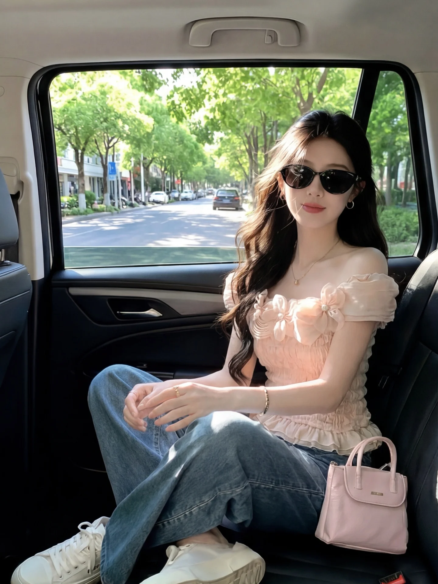

Pink 3D Floral Lace Ear Chiffon Top Women's Summer New Style This Year Popular Slim Fit Pleated Short Sleeveless Pure Color S...