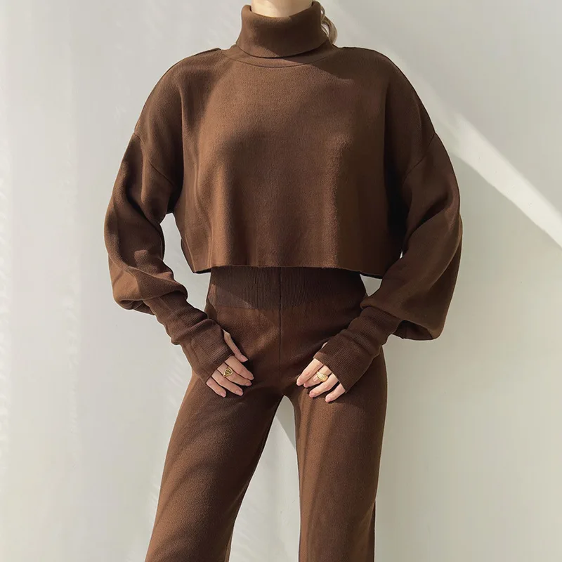 Women Solid Color Outfits Turtleneck Tops+Wide Leg Pants Two Pieces Sets 2024 Autumn Winter Female Casual Loose Clothing Suits