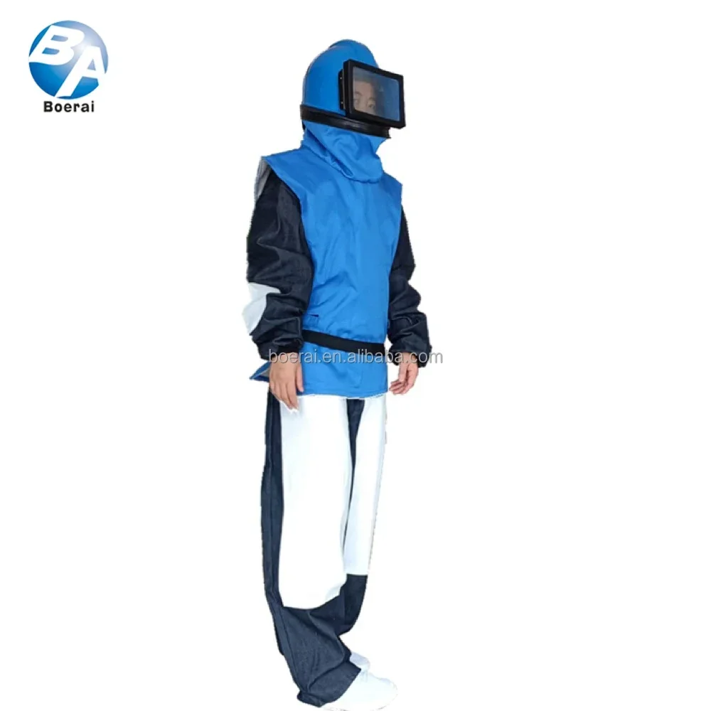 Heavy duty sandblasting suit with sandblasting helmet and respiratory protection temperature control