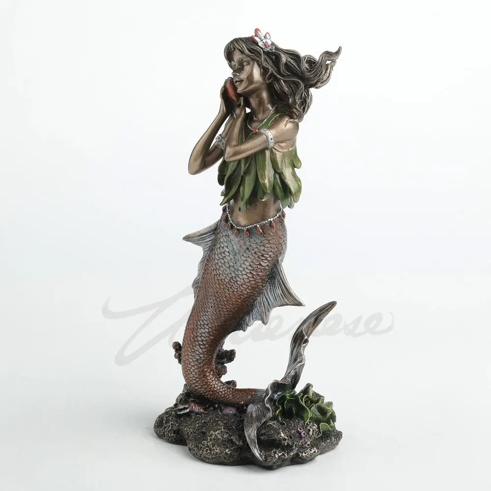 Bronze Finish Mermaid Figurine Resin Statue Holding Conch Nautical Decoration for Home Office Aquarium Ornament Birthday Gift