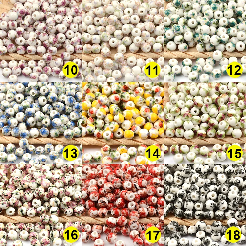 6mm 50pcs Flower Patterns Round Ceramic Porcelain Loose Spacer Beads for Jewelry Making DIY Crafts Bracelet