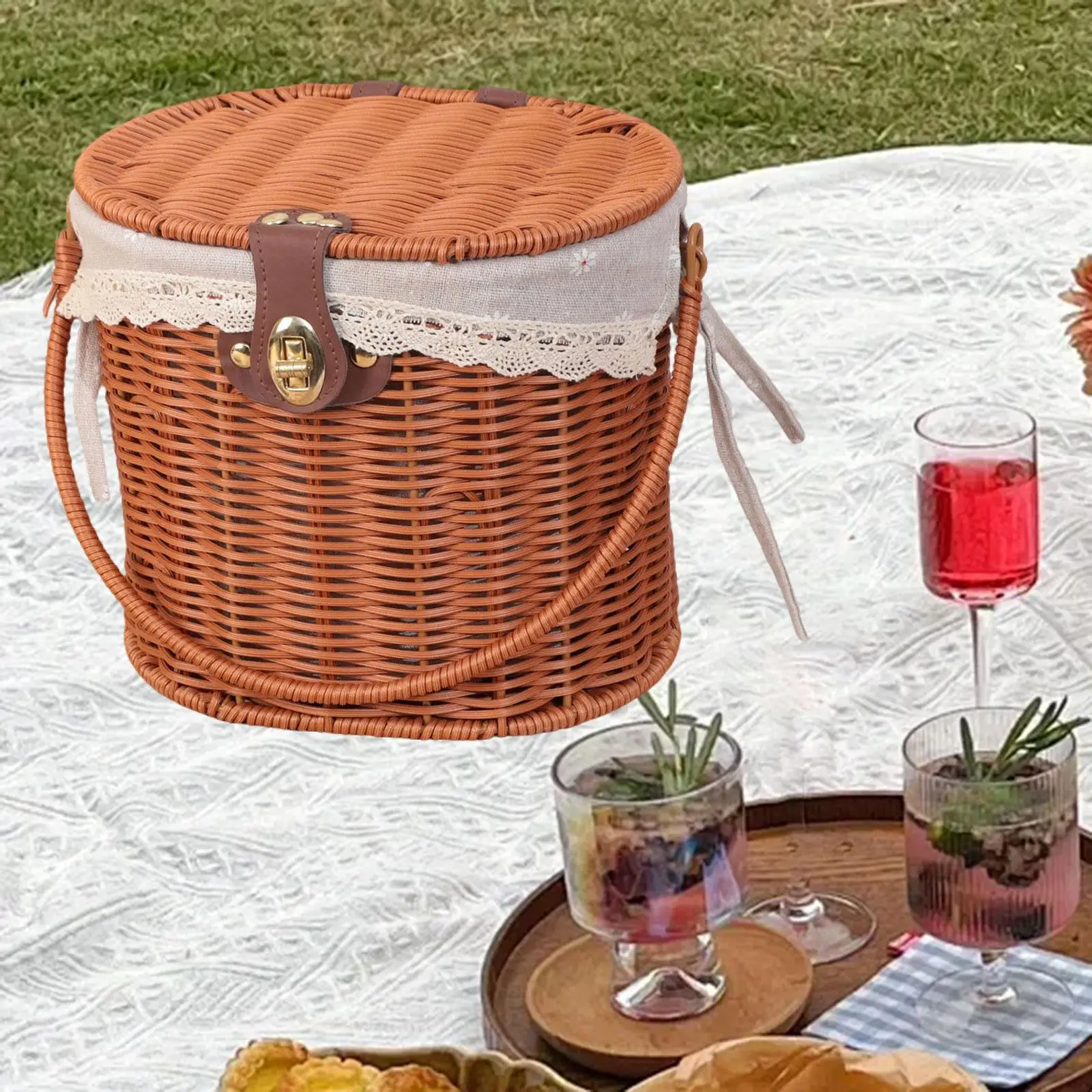 Picnic Basket Storage Container Portable Decorative Removable Lining Woven Basket Storage Hamper for Parties Beach Hiking