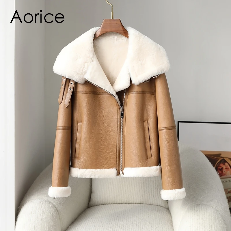 

Aorice Fashion Genuine Leather Winter Warm Jacket With Real Sheep shearing Lining New Design Coat CT331