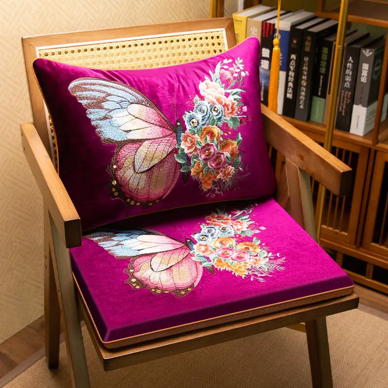 New Chinese Velvet Embroidery Anti-slip Seat Cushion for Dining Chair Taishi Chair Tea Chair Redwood Chair Seat Cushion
