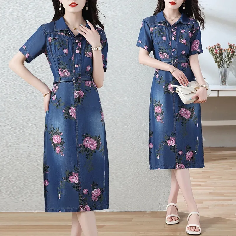 Denim Dress Mid Length Women's 2024 Summer Short Sleeves Thin Print Waist Wrapped Pop Street Vintage Shirt Skirt Trend