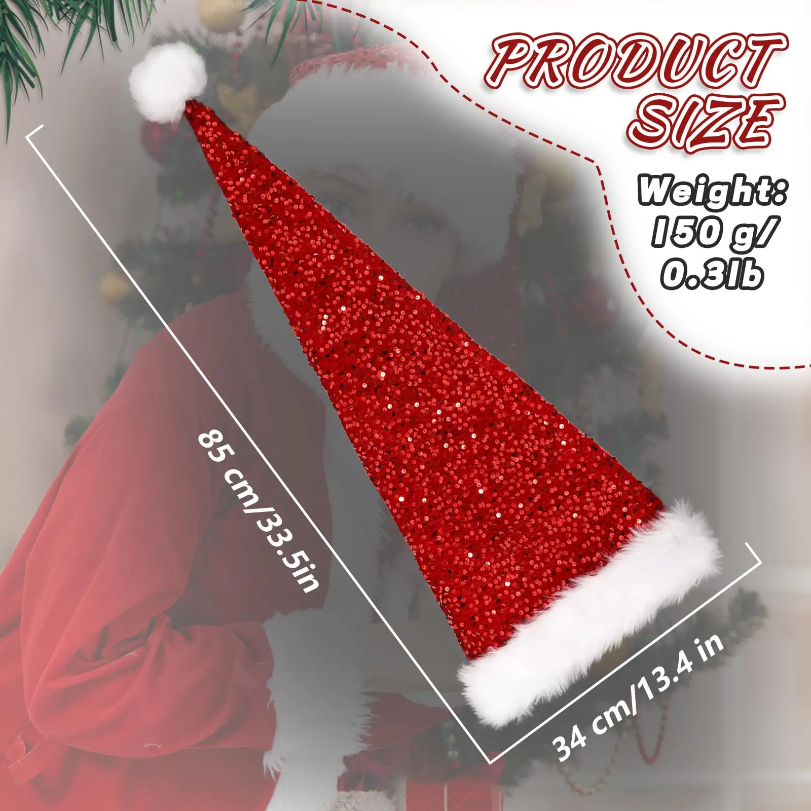 Lange Weihnachtsmannmütze mit Handschuhen, extra Pailletten, Weihnachtsmannmütze mit langem Schwanz für Erwachsene und Frauen, ausgefallene Weihnachtsparty-Requisiten