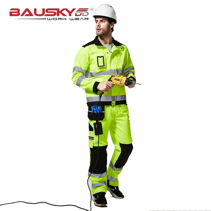 Work Suit for Construction Reflector Hi Vis Jacket and Pants Set Multi Pockets Workwear Pants with Knee Pads