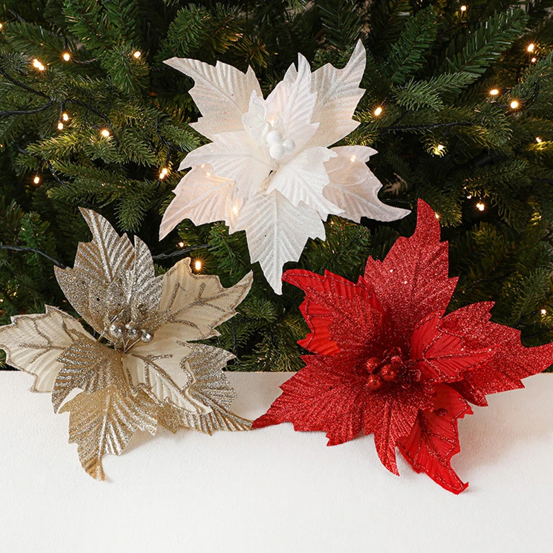 Glitter Christmas Poinsettia Flower Red Color Simulation Flowers Xmas Tree Ornament New Year Decoration Navidad Party Gifts