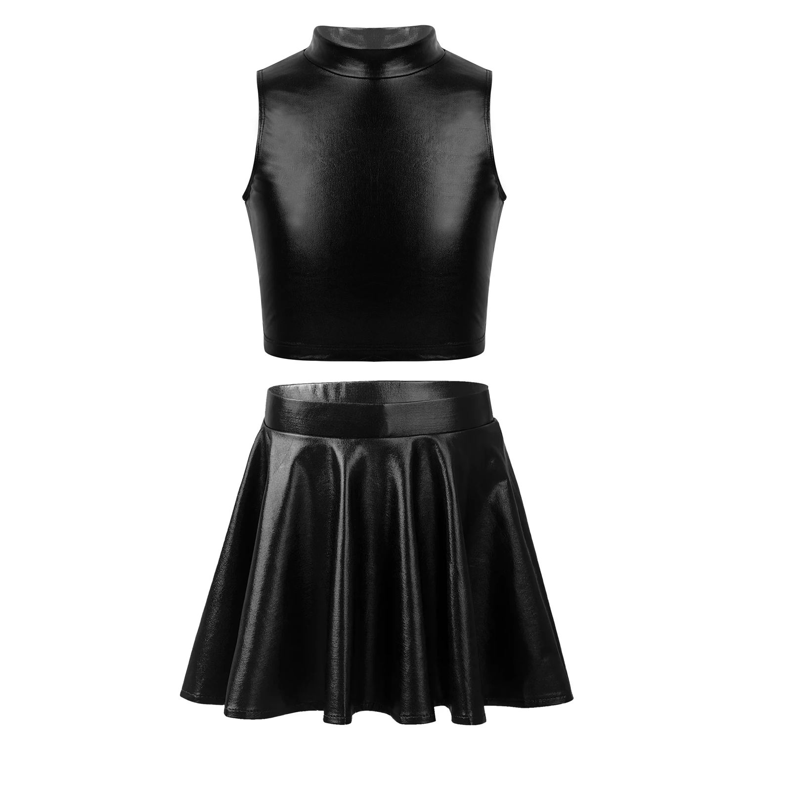 Kids Girls Glossy Metallic Flared Pleated A-Line Mini Skater Skort Dance Scooter Skirt Crop Tops for Jazz Modern Hip Hop Dancing