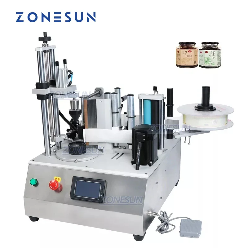 ZONESUN ZS-TB300W máquina etiquetadora de pegatinas semiautomática comercial rotativa de tarros Hexagonal para botellas de vidrio de cosméticos cuadradas