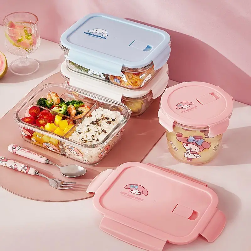 Sanrio Cinnamoroll My Melody Anime Kawaii Ins Glass Lunch Boxes Cute Microwave Safe Food Bowls Separated Bento Case Gifts