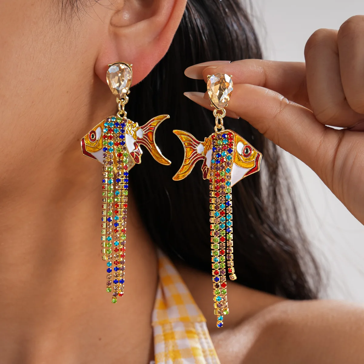 Middle ancient diamond drop oil small fish fringe silver needle earrings small senior sense earrings temperament earrings