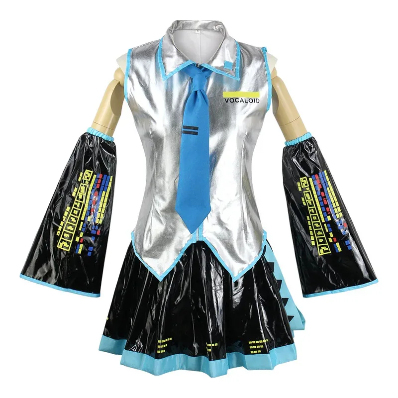 Miku Cosplay Costume Silver Patent Leather Clothes Blue Wig Headwear Outfits JK Sailor Dress High School Uniform Halloween Props