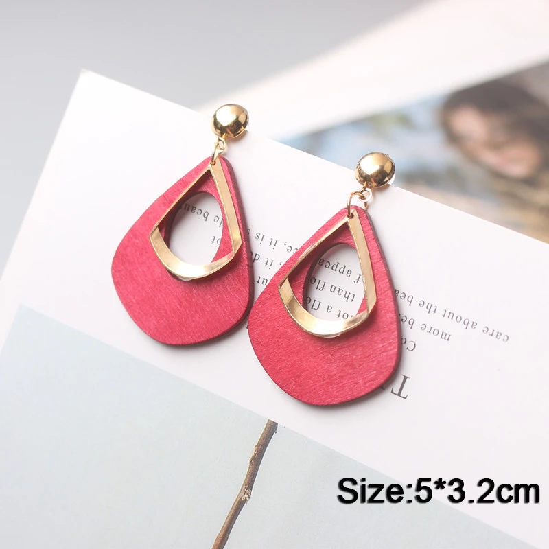 Wooden Women\'s Dangle Earrings Leopard Round Piece Pendants Hollow Water Drop Hanging Earrings Candy Color Female Party Jewelry