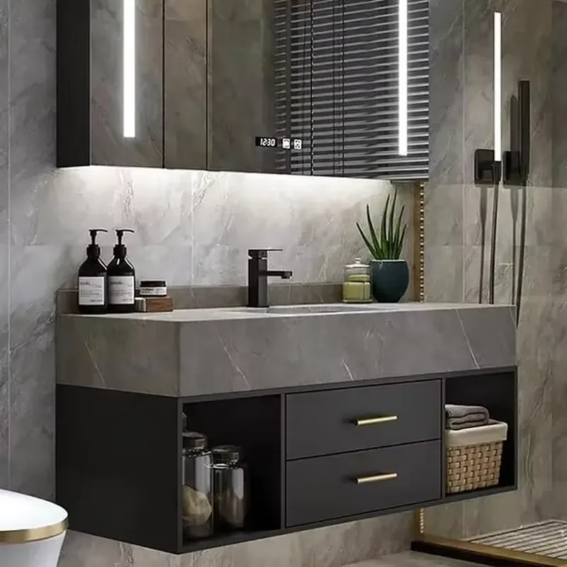 Practical Modern Lacquer Vanity Bath Cabinets with Smart Mirror Ceramic Basin MDF & Melamine Board Construction