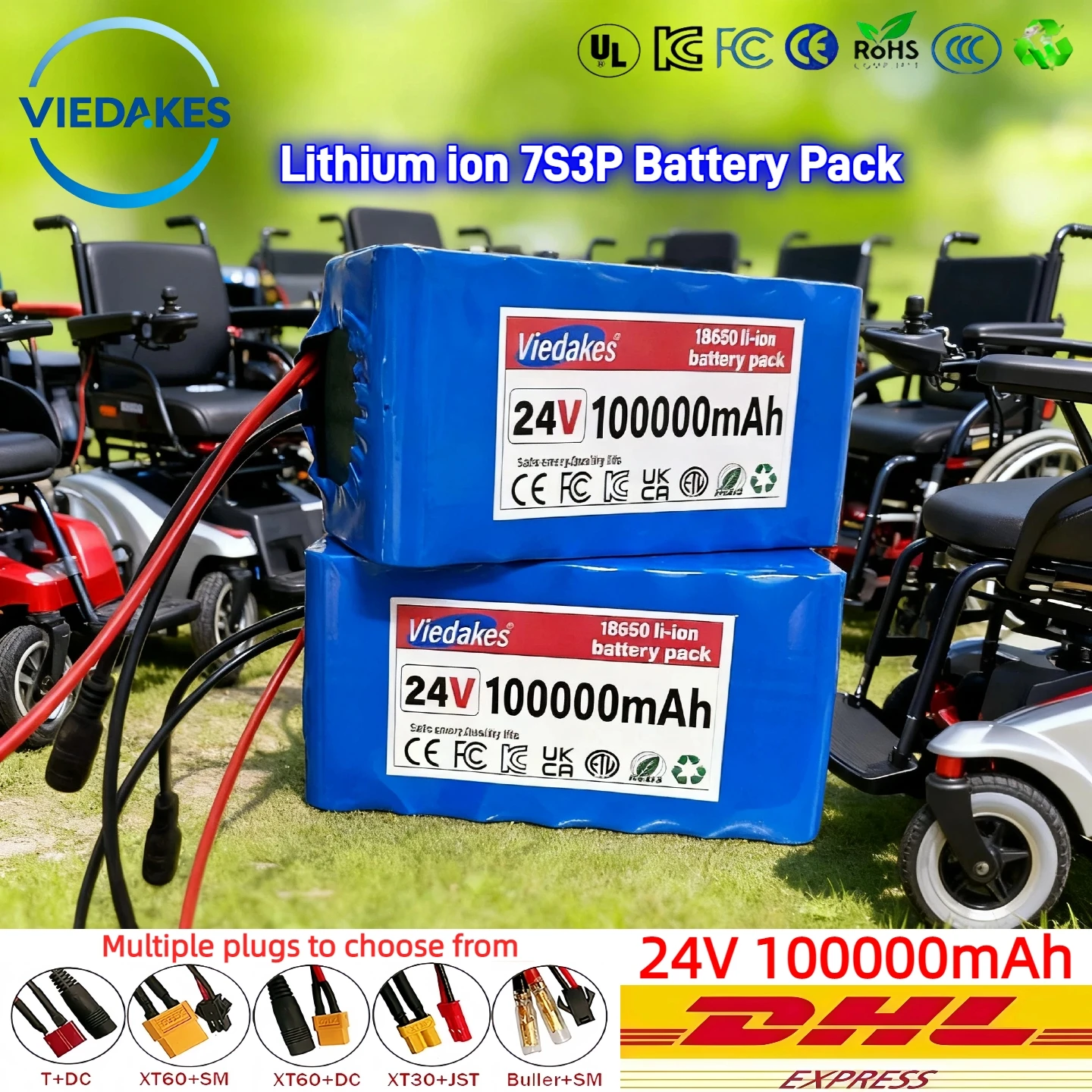 

24V 100Ah Lithium Battery, for Wheelchairs 7S3P 18650 100000mAh Rechargeable Pack, with 29.4V 2A Fast Charger