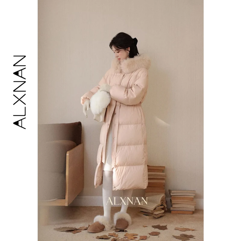 ALXNAN Women Long Down Coat Soft Sweet Big Fur Hood Collar Belted Waist 90% White Duck Down Winter Warm Long Outer Coat L59131