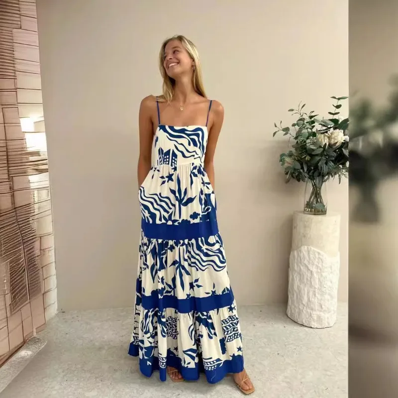 2025 Summer Fashion New Collection Bohemian Dress Women's Elegant Printed Pattern Color Blocked Strap One Shoulder Dress