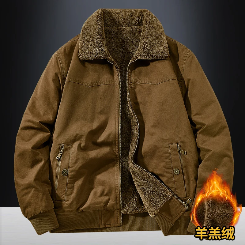 

Winter New Lamb Fleece Jacket Men's Double-sided Pure Cotton Parkas Outdoor Cargo Jacket Casual Thick Lapel Fur Collar Male Coat