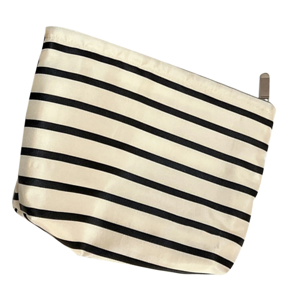 

Striped Makeup Bag Women Travel Toiletry Pouch White Zipper Design Lightweight Portable Storage Solution
