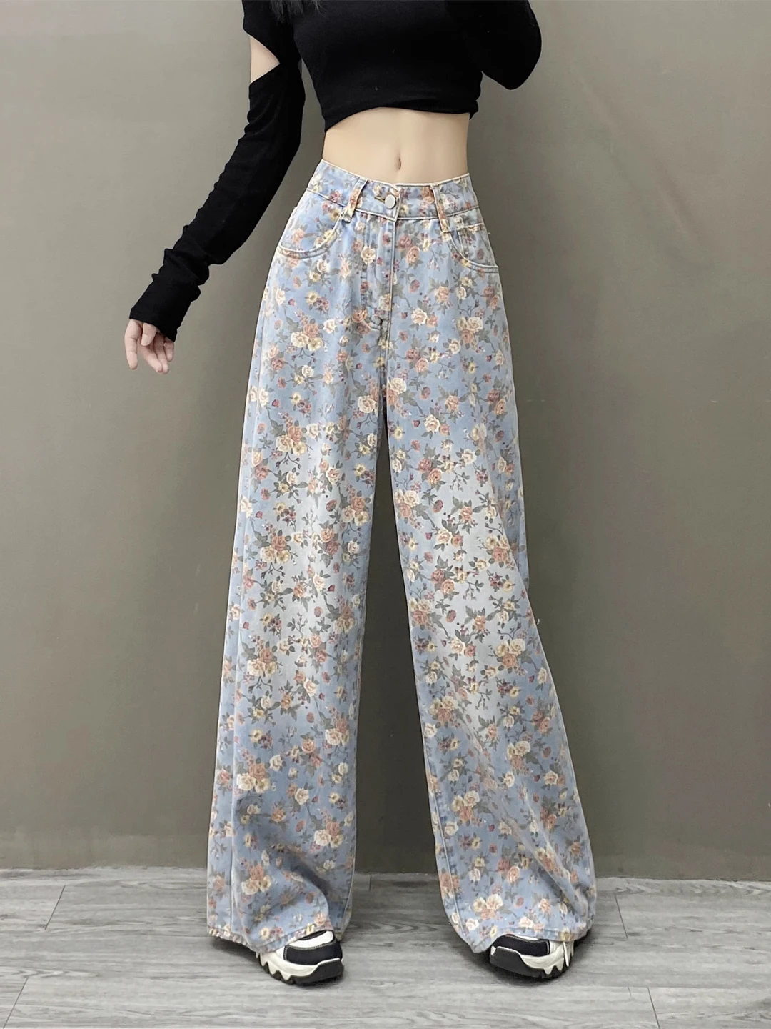 

American Sle Vintage Heavy Work Printed Drapey Straight Leg Denim Jeans Women's High Waist Wide Leg Long Pants Casual Wear