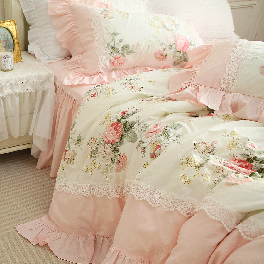 French Country Princess Style Bedding Set Pure Cotton Lace Ruffled Duvet Cover Sets King Bed Skirt Beddings Linens Pillowcase