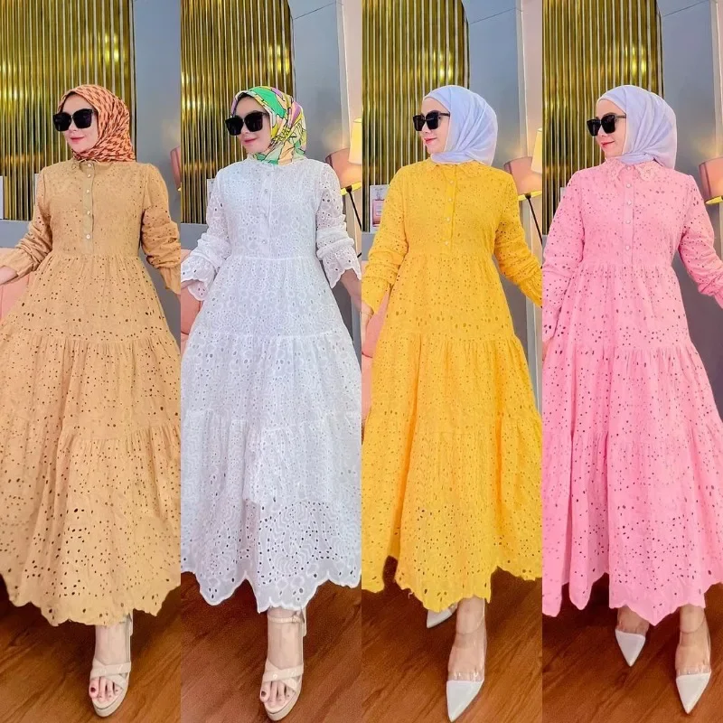 

Women's Hot Sale Dress Embroidery Hollow Lace Dress modest dress robe femme musulmane sexy muslim woman abaya