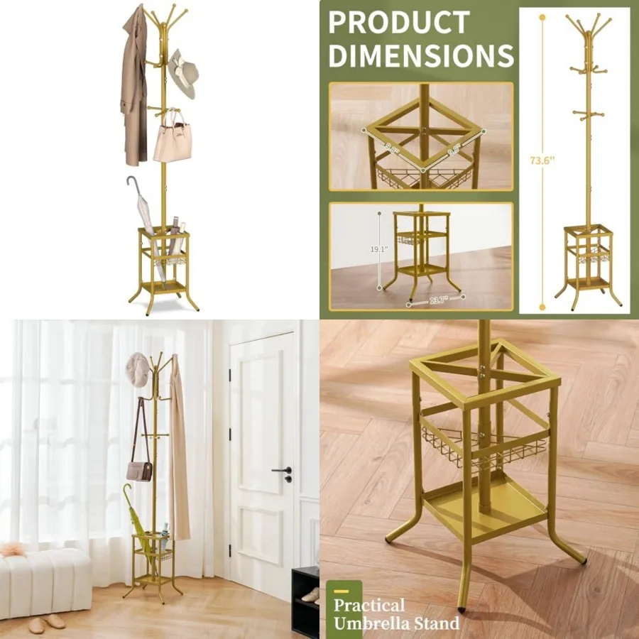 

Coat Rack Freestanding - Coat Tree with Umbrella Holder, Metal Coat Rack Stand with 12 Hooks, Modern Coat Hanger Stand for Entr