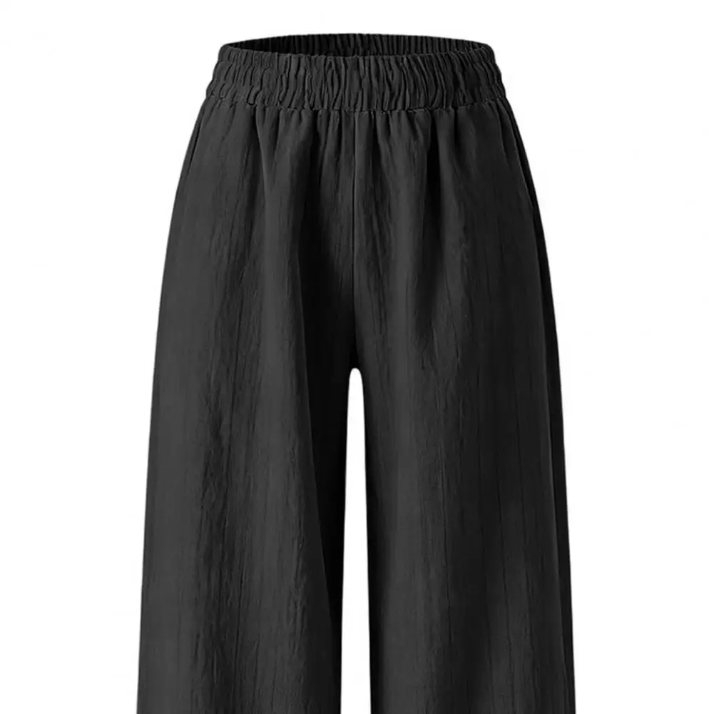 Women Linen Pants Women’s Elastic Mid-rise Pants with Pockets Loose Fit Wide Leg Trousers Summer Beachwear Long Pants